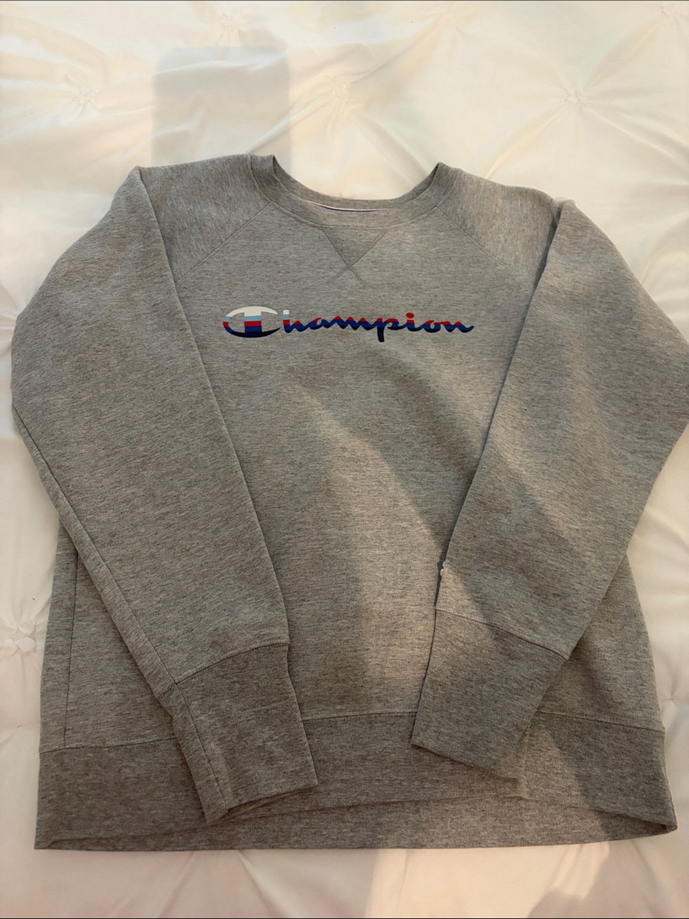 Boys Champion Gray Crewneck with Red & Blue Script Logo
